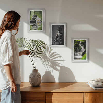 Mur de cadres Peintures zen relaxantes avec de l'eau, des pierres et Bouddha