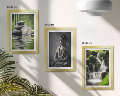 Mur de cadres peintures zen relaxantes avec eau, pierres et Bouddha