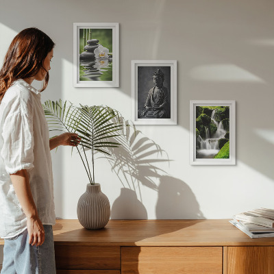 Mur de cadres Peintures zen relaxantes avec de l'eau, des pierres et Bouddha