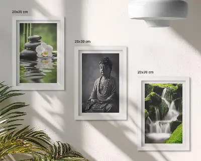 Mur de cadres peintures zen relaxantes avec eau, pierres et Bouddha