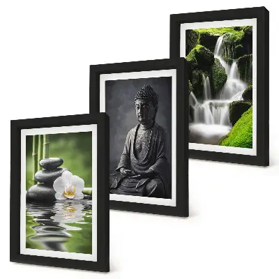 Mur de cadres peintures zen relaxantes avec eau, pierres et Bouddha