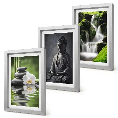 Mur de cadres peintures zen relaxantes avec eau, pierres et Bouddha