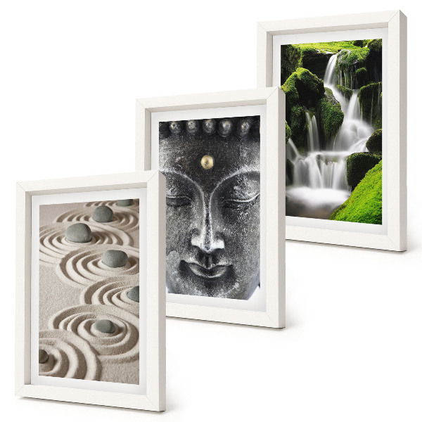 Lot de 3 tableaux La paix de la nature avec ses pierres, sa cascade et son Bouddha