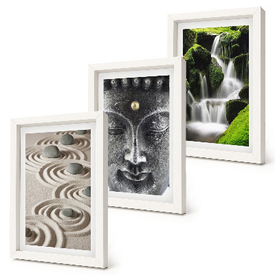 Lot de 3 tableaux La paix de la nature avec ses pierres, sa cascade et son Bouddha