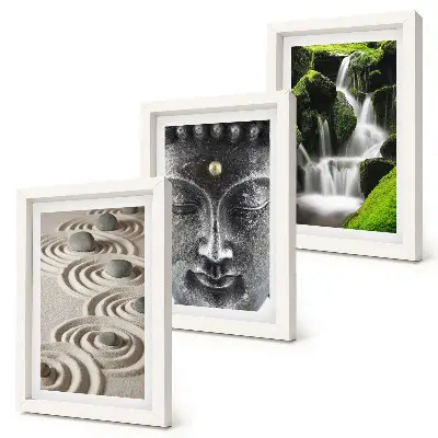 Lot de 3 tableaux représentant la paix de la nature avec ses pierres, sa cascade et un Bouddha