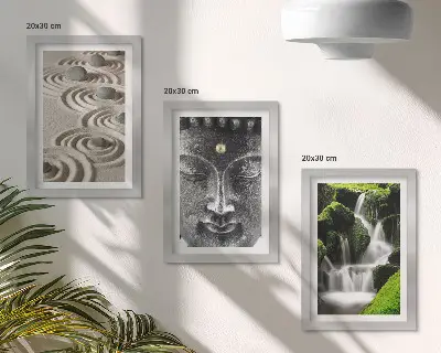 Lot de 3 tableaux représentant la paix de la nature avec ses pierres, sa cascade et un Bouddha
