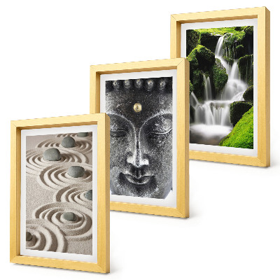 Lot de 3 tableaux La paix de la nature avec ses pierres, sa cascade et son Bouddha