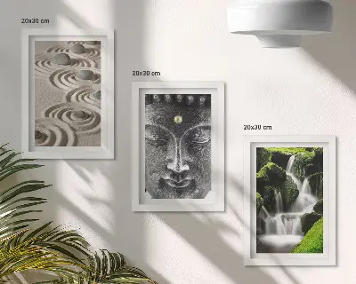 Lot de 3 tableaux représentant la paix de la nature avec ses pierres, sa cascade et un Bouddha