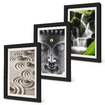 Lot de 3 tableaux La paix de la nature avec ses pierres, sa cascade et son Bouddha