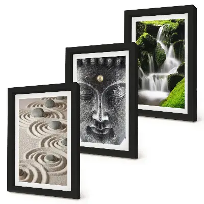 Lot de 3 tableaux représentant la paix de la nature avec ses pierres, sa cascade et un Bouddha