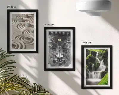 Lot de 3 tableaux représentant la paix de la nature avec ses pierres, sa cascade et un Bouddha