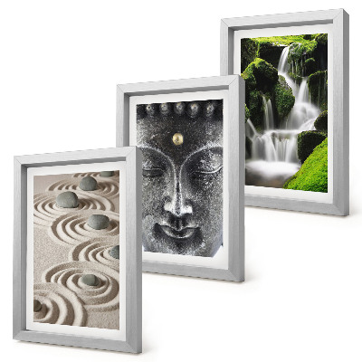 Lot de 3 tableaux La paix de la nature avec ses pierres, sa cascade et son Bouddha