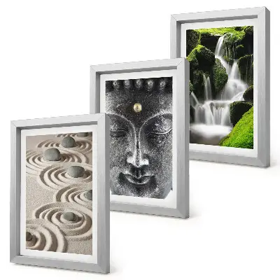 Lot de 3 tableaux représentant la paix de la nature avec ses pierres, sa cascade et un Bouddha