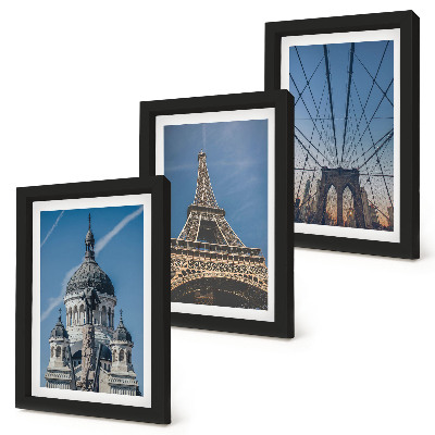 Ensemble de 3 tableaux Vues de bâtiments célèbres de différentes villes du monde entier