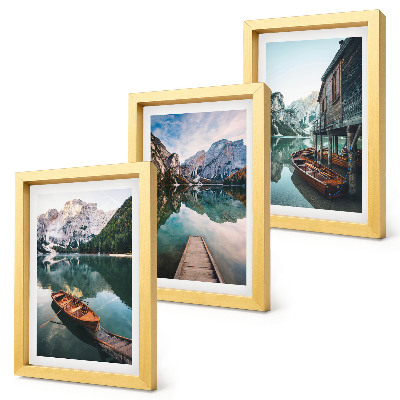 Lot de 3 tableaux Un lac de montagne avec des bateaux et une cabane en bois