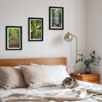 Lot de 3 tableaux Sentier forestier avec cascade et végétation luxuriante