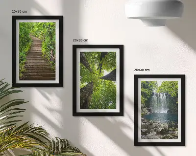 Lot de 3 tableaux représentant un sentier forestier avec cascade et végétation luxuriante