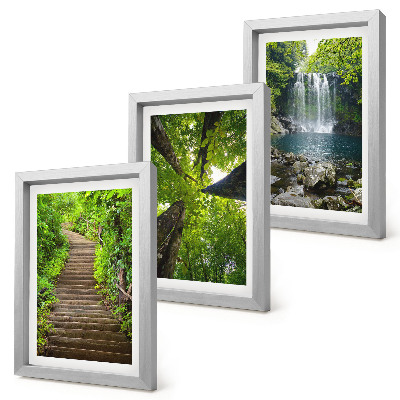 Lot de 3 tableaux Sentier forestier avec cascade et végétation luxuriante