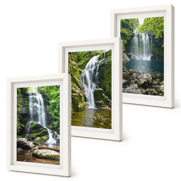 Ensemble de 3 tableaux représentant des cascades dans un cadre verdoyant avec des pierres et de l'eau