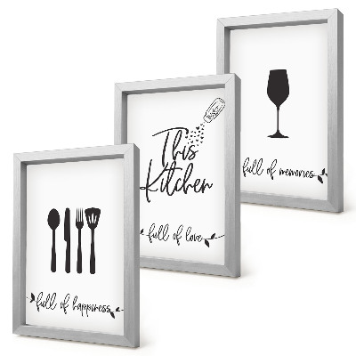 Lot de 3 tableaux Motifs d'ustensiles de cuisine avec inscriptions pour la cuisine