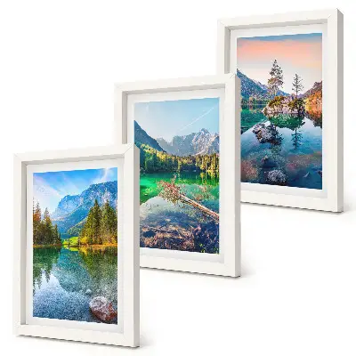 Ensemble de 3 tableaux représentant des lacs de montagne avec des paysages naturels