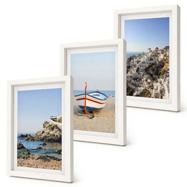 Lot de 3 tableaux vues de la mer avec bateau et maisons blanches en Grèce