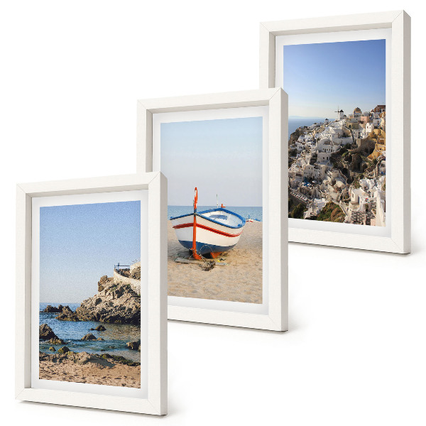 Lot de 3 tableaux Vues de la mer avec bateau et maisons blanches Grèce