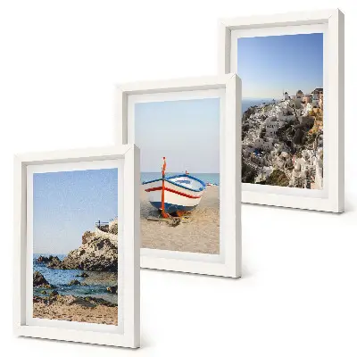 Lot de 3 tableaux vues de la mer avec bateau et maisons blanches en Grèce
