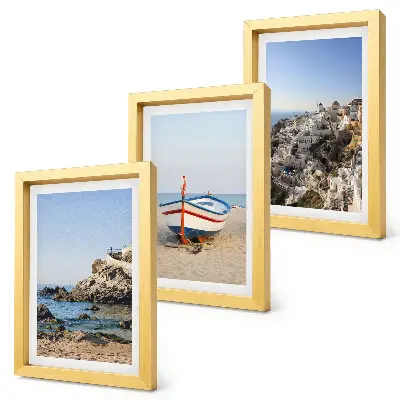Lot de 3 tableaux vues de la mer avec bateau et maisons blanches en Grèce