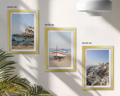 Lot de 3 tableaux vues de la mer avec bateau et maisons blanches en Grèce