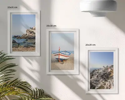 Lot de 3 tableaux vues de la mer avec bateau et maisons blanches en Grèce