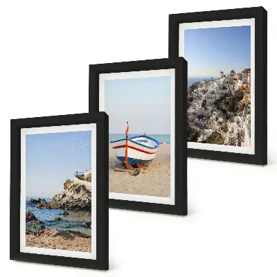 Lot de 3 tableaux vues de la mer avec bateau et maisons blanches en Grèce