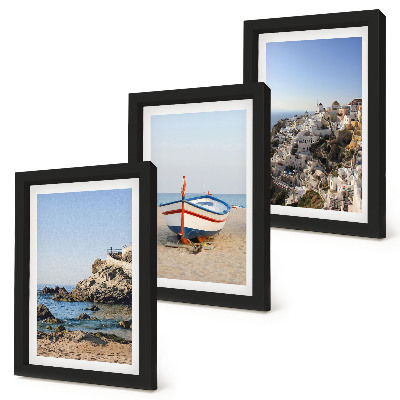 Lot de 3 tableaux Vues de la mer avec bateau et maisons blanches Grèce