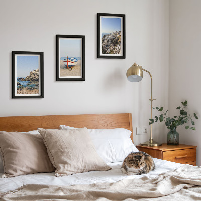 Lot de 3 tableaux Vues de la mer avec bateau et maisons blanches Grèce