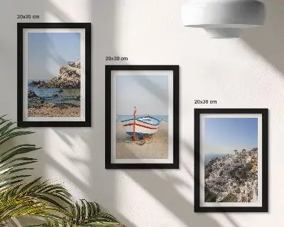 Lot de 3 tableaux vues de la mer avec bateau et maisons blanches en Grèce