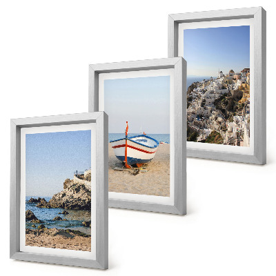 Lot de 3 tableaux Vues de la mer avec bateau et maisons blanches Grèce