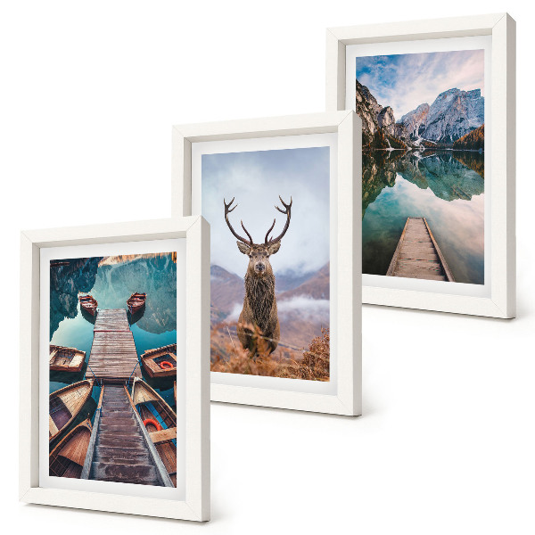Ensemble de 3 tableaux Lac avec bateaux, cerfs et paysage montagneux