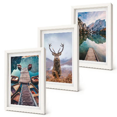 Ensemble de 3 tableaux Lac avec bateaux, cerfs et paysage montagneux