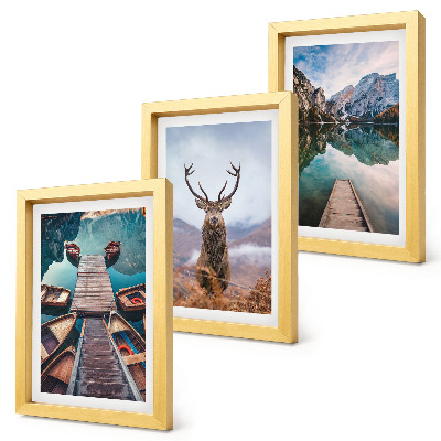 Ensemble de 3 tableaux Lac avec bateaux, cerfs et paysage montagneux