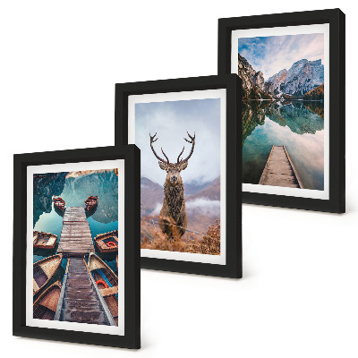 Ensemble de 3 tableaux Lac avec bateaux, cerfs et paysage montagneux