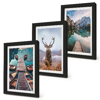 Ensemble de 3 tableaux représentant un lac avec des bateaux, des cerfs et un paysage montagneux