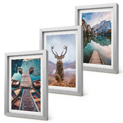 Ensemble de 3 tableaux Lac avec bateaux, cerfs et paysage montagneux