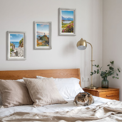 Ensemble de 3 tableaux Vue sur le phare, la plage, les montagnes et les fleurs