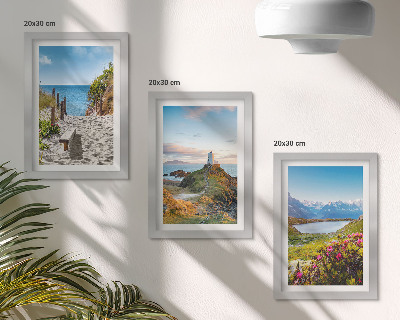 Ensemble de 3 tableaux Vue sur le phare, la plage, les montagnes et les fleurs