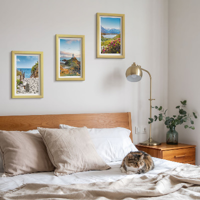 Ensemble de 3 tableaux Vue sur le phare, la plage, les montagnes et les fleurs