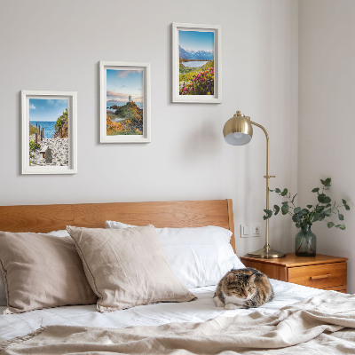 Ensemble de 3 tableaux Vue sur le phare, la plage, les montagnes et les fleurs