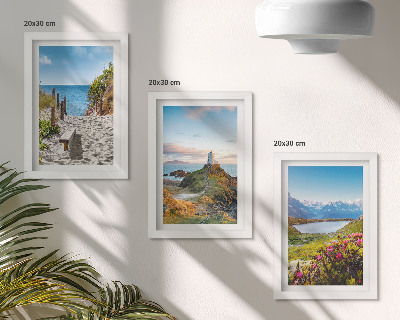 Ensemble de 3 tableaux Vue sur le phare, la plage, les montagnes et les fleurs
