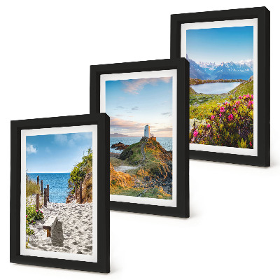 Ensemble de 3 tableaux Vue sur le phare, la plage, les montagnes et les fleurs