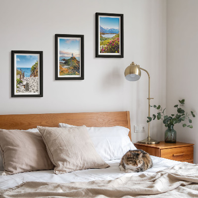 Ensemble de 3 tableaux Vue sur le phare, la plage, les montagnes et les fleurs