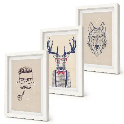 Lot de 3 tableaux représentant des portraits stylés d'animaux et d'hommes